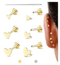 GEMQUEEN Flat Back Earrings Studs : 14K Gold Filled Surgical Steel Earrings Hypoallergenic for Women Men 18G Cartilage Helix Tragus Conch Piercing Jewelry Dainty Heart Stud Earring Sets