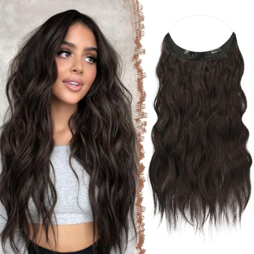 FESHFEN Secrets Haare Extensions Lange Gewellt Haarverlängerung Invisible Secret Haarextension Synthetik Hair Unsichtbarem Haarteile für Frauen 50 cm Dunkelbraun