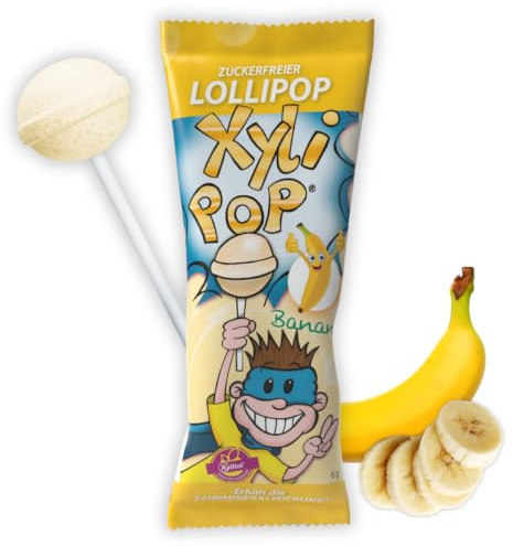 miradent XyliPOP® Lutscher Banane | Box 50x 6g einzeln verpackt | zuckerfreier Lollipop mit Xylit gesüßt | zahnmineralisierend | fruchtiger Geschmack | vegan