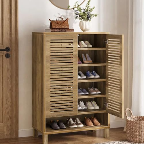 Tribesigns 6-Tier Shoe Cabinet with Shutter Doors, Large Wooden Shoe Organizer Rack with Adjustable Shelves, Modern Farmhouse Hidden Storage Furniture for Entryway, Hallway