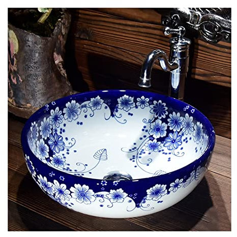 Lavabo de baño tradicional chino de porcelana azul y blanca, cuenco redondo de cerámica para encimera de tocador, elegante lavabo para decoración de baño