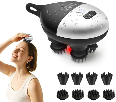 Elektrisches Kopfmassagegerät, Kopfhaut-Massagegerät mit 8 Abnehmbaren Massageköpfen und 3 Massagemodi, IPX7 Wasserdicht, Kopf Massage Gerät für Entspannung, Tiefenreinigung, Haarwachstum (Schwarz)