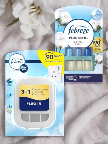 Febreze 3Volution Air Freshener Starter Kit - 1 x PLUG IN DEVICE and 1 x REFILL Bundle, Odour Eliminator for Home & Office - COTTON Scent 20ml