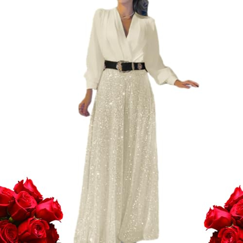 GAGFDA Stilvoller eleganter Langarm-Overall mit glitzernden Pailletten, Playsuit für Damen, V-Ausschnitt, Glitzer, Abendparty, Hochzeit, weites Bein, Overall mit Gürtel