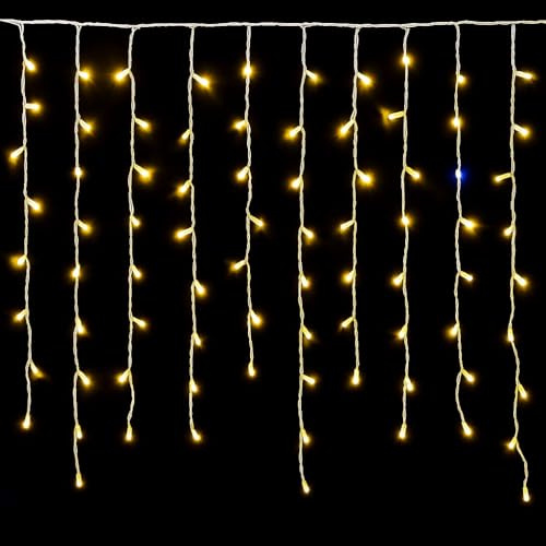 IXTRIMA Tenda Luminosa 200 LED, 5Mt, Luce Giallo, Cavo Bianco, IP65, Prolungabile, Effetto Flash, Con fili pendenti a lunghezze alternate (30–70–40–60 cm) per effetto a cascata