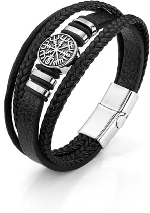 Zysta Lederarmband Herren Wikinger Kompass Armband geflochten Echtleder Breites Wickelarmband mit Magnet Verschluss - Geschenk für Männer