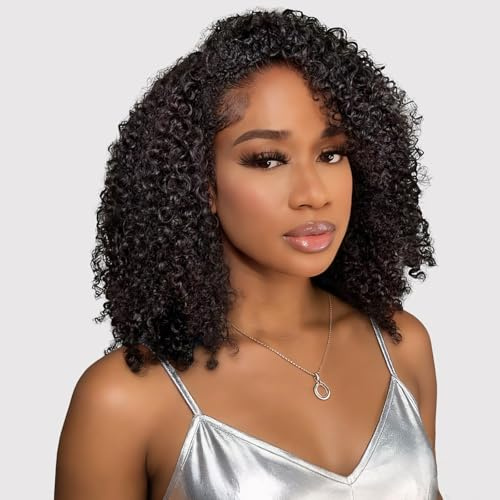 Tunfine Curly Half Wig Human Hair Water Wave 200 Density 3 In 1 Seamless Flip Over Half Wigs Glueless Human Hair with Drawstring Invisible Hairline Headband Clip In Curly Wig for Women 14 Inch