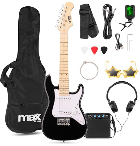 MAX GigKit Junior – Guitarra eléctrica infantil con amplificador, funda, afinador, púas y accesorios – kit guitarra y amplificador ideal para niños y niñas - Negro - 1/4 Infantil