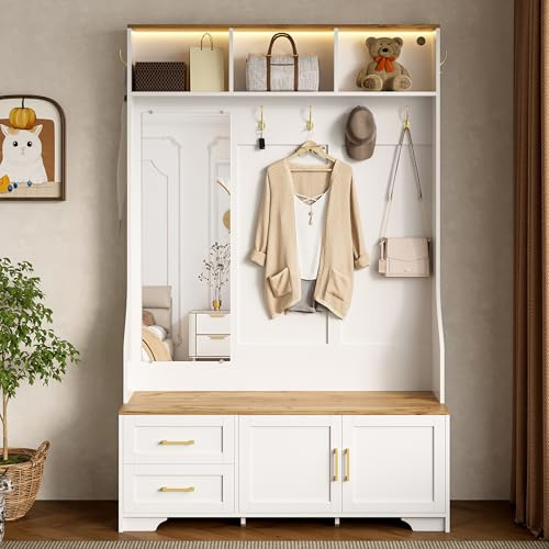 NADEUSAK Zapatero multifuncional para pasillo, 120 x 190 cm, espejo, ganchos, cajones, armario moderno, pasillo con espacio de almacenamiento, superficie de asiento, color blanco + madera