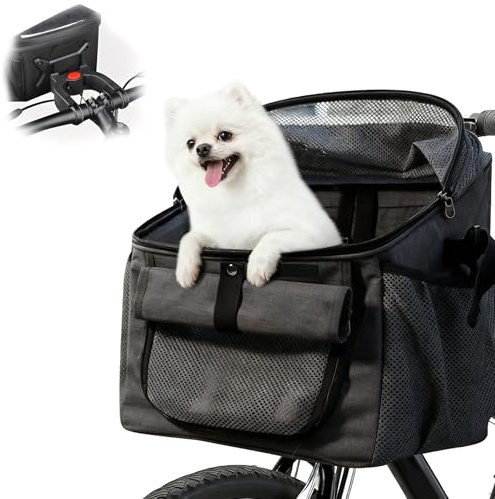 Hundekorb Fahrrad Vorne, 4-in-1 Hundefahrradkorb bis 6kg, Erweiterbarer Faltbarer Fahrradtasche für Haustiere mit Mesh-Fenstern und Sicherheitsgurt, Haustier Reisetasche für kleine Hunde und Katzen
