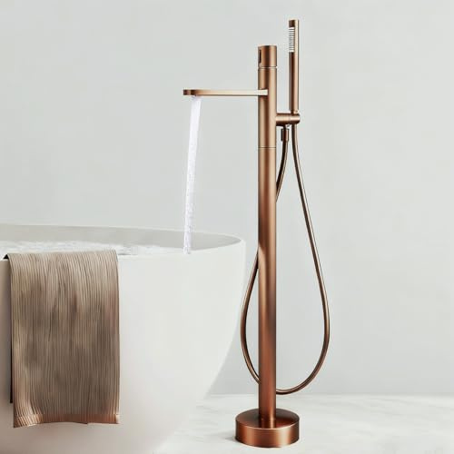 Wannenarmatur Freistehend Roségold Badewannenarmatur mit Handbrause 2 Wasserauslässe Wasserhahn Bad Dusche aus Messing,Roségold