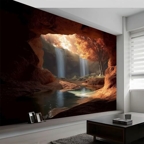 Natural Landscape Photo Wallpaper Mural 200W x 140H cm, Waterfall Cave Autumn Forest Wall Mural Photo Poster Decor for Living Room Bedroom Office and Kids Room - Wall Art Wallpaper Easy to Install