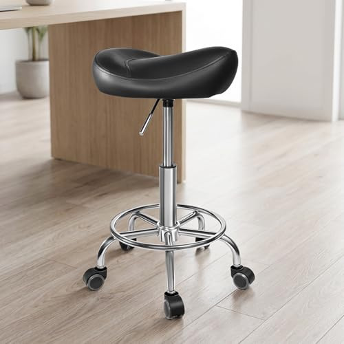 BugyKido Sattelhocker Rollhocker, 150 kg belastbarer höhenverstellbarer (48-57 cm) Drehhocker Arbeitshocker, ergonomischer verdickter PU-Leder-Drehsattelstuhl für Salon Spa Massage Klinik