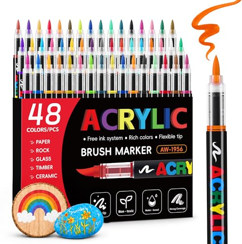 Tongfushop 48 Farben Acrylstifte Set, Pinselspitze Acrylmarker mit Automatischer Tintenkontrolle – Deckend & Wasserfest für Stein, Keramik, Holz, Leinwand – Für Erwachsene, Anfänger & DIY