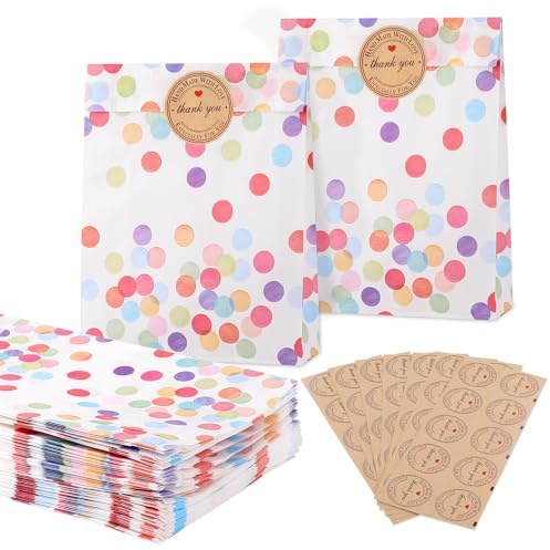 70 Stück Geschenktüten Papiertüten Klein für Kindergeburtstag Mitgebsel | 19x13x3.5cm Regenbogen Punkte Mitgebsel Tüten mit 70 Aufklebern Candy Tüten für Schulanfang Kindergarten Hochzeit Party