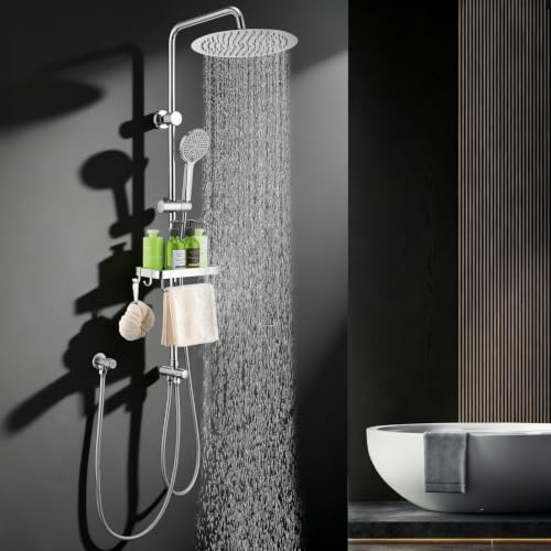HOMELODY Regendusche ohne Armatur,Duschsystem Chrom mit Ø30cm Kopfbrause | 5 Strahlarten Handbraus,Aluminium Ablage,verstellbare Wandhalterung,2 PVC-Schläuche