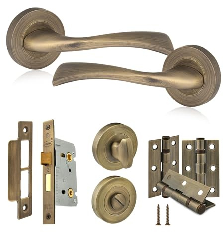XFORT Solace Bathroom Door Handle Pack Includes Solace Lever on Rose Door Handles, 65mm Bathroom Mortice Lock, Bathroom Turn and Release & 3 Hinges, Internal Door Handle Set - Matt Antique Brass