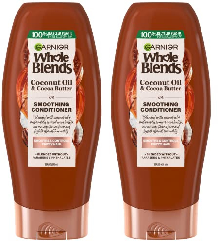 Garnier Whole Blends Coconut Oil & Cocoa Butter Smoothing Conditioner for Frizzy Hair, 22 Fl Oz, 2 Count (Packaging May Vary)