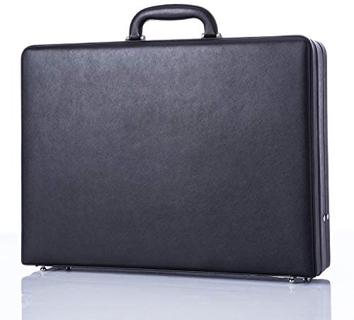 Business Leather Mens Briefcase for Travel Vintage Outlook Organized Interior Hard-sided Attaché Cases- Black