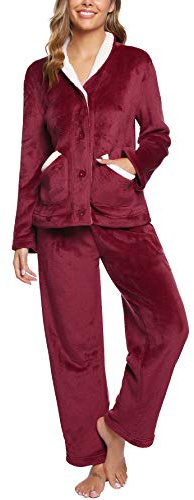 iClosam Pyjama Femme Chaud Ensemble de Pyjama en Polaire Col V Vêtements de Détente en Flanelle avec 2 Poches Vêtements de Nuit Hiver à Manches Longues
