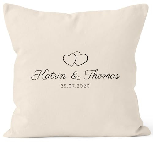SpecialMe® personalisierbares Kissen zur Hochzeit mit Namen und Datum personalsiert Hochzeitsgeschenk Kissenhülle Natur Unisize