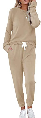 ETCYY NEW Lounge-Sets für Damen, zweiteilige Outfits, Sweatanzüge, lange Hose, Loungewear, Workout, athletische Trainingsanzüge, Beige, M