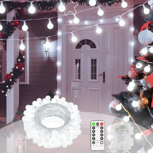 12 M 100 LED Christmas Lights Battery Fairy Lights Indoor Outdoor Globe String Lights Battery Operated with Remote 8 Modes for Outside Tree Garden Patio Party Bedroom Wedding Decorations-Cool White