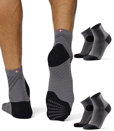 DANISH ENDURANCE Löparstrumpor med Silikongrepp, Halkfria Trail- & Träningsstrumpor, Unisex, 2-pack, Svart/Grå, 43-47