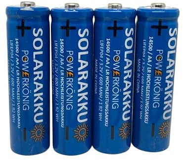 SOLAR Mignon AA Akkus – wiederaufladbare 3,2V Batterien -1,92Wh LiFePo4 Hochleistungs- Akku, speziell für Solarlampen, Lichterketten, Solarleuchte, Alarmanlagen und vieles mehr! 4 STK in Plastikbox