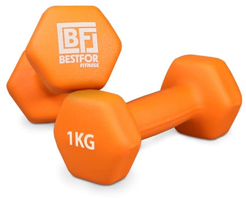Bestfor Pair of 1kg Hex Anti Roll Non Slip Neoprene Dumbbell Weights For Exercise, Fitness, Workouts, Lifting with Exercise Chart