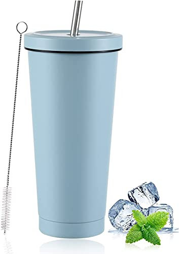 LATERN Bicchiere da Caffè Ghiacciato con Coperchio e Cannuccia, 750ml Isolato Coppa in Acciaio Inossidabile Tazza da Viaggio Sottovuoto a Doppia Parete Bicchiere D'Acqua Riutilizzabile (Blu, 1Pz)