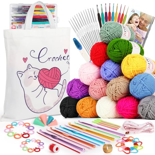 Aeelike Häkelset für Anfänger in 15 Farben, 93 Stück Nützliches Häkelnadel Set mit Häkelgarn, Zubehör, 0,6-6,5mm Ergonomische Farbige Häkelnadeln Set, Silber Kleine Häkelnadel, Weiße Tragbare Tasche