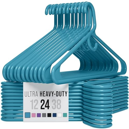 NEATERIZE Perchas gruesas y resistentes, de plástico azul, paquete de 24 unidades, ideales para perchas, chaquetas, jeans y trajes, para armario, ganchos esenciales para apartamentos, ganchos para
