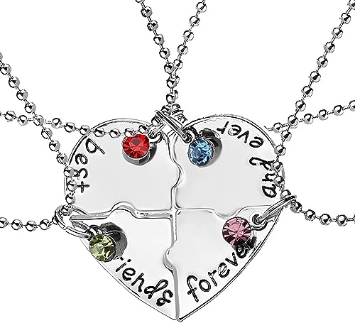 Best Friends Forever and Ever Necklaces for 4 Girls Heart Matching Bff Necklaces for Sister Friend Christmas Birthday Gifts for Women Teen Girl Friendship Necklace 4 Pcs, Small, Zinc, No Gemstone