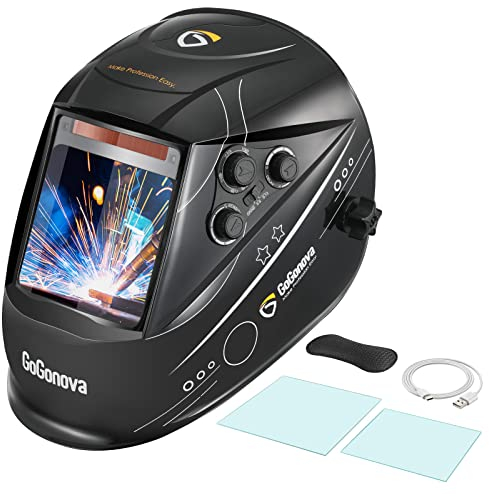 GoGonova Casco per saldatura automatico, maschera per saldatura con ampio campo visivo (100 x 97 mm), ampia ombreggiatura 4/5-9/9-13, 4 sensori, corrente solare, sensibilità regolabile e tonalità, per