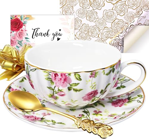 Juego de tazas y platillos de té, porcelana china, 6 onzas, taza de café de porcelana, taza de capuchino, patrón floral vintage, con borde dorado, cerámica envejecida, para beber espresso, regalos