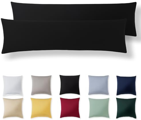 Alreya Kissenbezug 40 x 145 cm (2er Set) - Schwarz - 100% Jersey Baumwolle - Kissenhülle für Kissen 40x145 cm, Jersey Kopfkissenbezüge, Superweicher Kissenbezüge 40x145 mit Reißverschluss