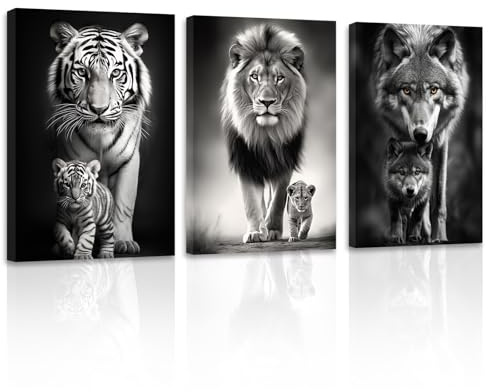 ZXHYWYM Schwarz weiße Tierbilder 3 teilig Tiger König der Löwen Wolf und Baby Bilddrucke Afrika Wildtiere Porträt Leinwand Kunstwerk für Männer Schlafzimmer (Bild-2, (50.00 x 70.00 cms x 3 Teilig))