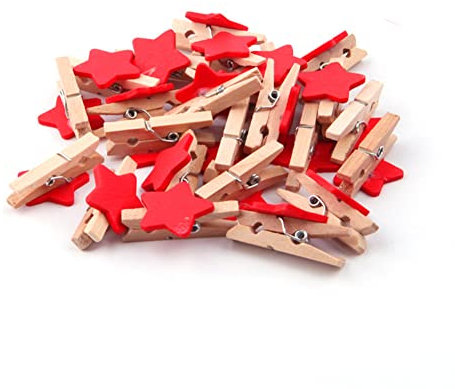 Wisafory Lot de 50 pinces à linge en bois en forme d'étoile - Pinces décoratives - Mini pinces en bois - Décoration pour bricolage, photos, cartes, fête, mariage - Rouge