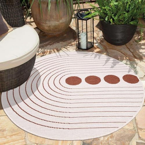 carpet city Outdoor Teppich Wetterfest 120 cm Rund - Creme-Rot - Wendeteppich, Beidseitiges Kreisförmiges Muster - Balkonteppich Wasserfest Outdoor - Terrassenteppich