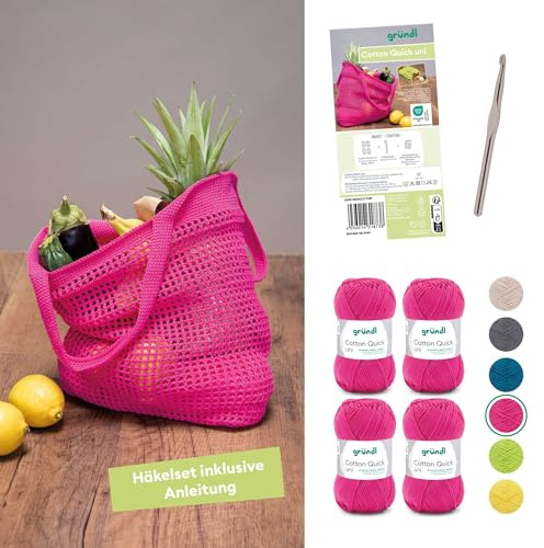 Gründl Wolle Cotton Quick uni Häkelgarn 4 Knäuel 50 g, Pink | dünne Wolle zum Häkeln - Häkelgarn für ein Einkaufsnetz mit Anleitung und Nadel - Glänzend und hautfreundlich