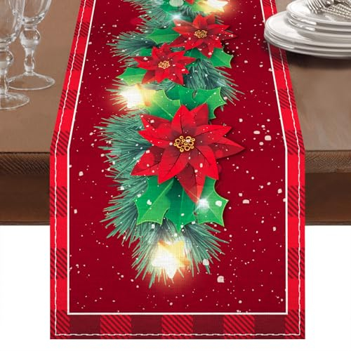 Tischläufer Weihnachten 183 x 33cm, Tischdecke Weihnachten, Rote Leinen Weihnachtstischdecke mit Weihnachtssternblüten, Stechpalmenblättern und Schneeflocken Bedruckt, für Tischdeko Weihnachten
