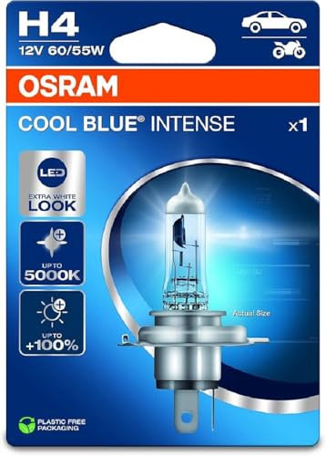 OSRAM COOL BLUE INTENSE H4, +100% di luminosità in più, fino a 5.000 K, lampada frontale alogena, aspetto LED, blister singolo (1 lampada)