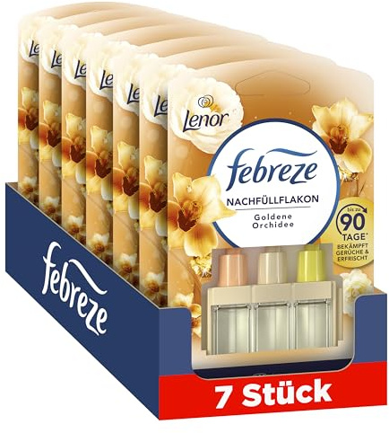Febreze 3Volution Lenor Goldene Orchidee Duftstecker Nachfüllflakon 7x20 ml, 3 Wechselnde Düfte Zum Bekämpfen Von Gerüchen