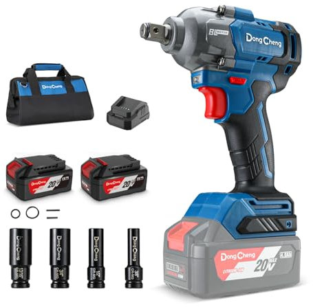 Dong Cheng 20V Brushless Impact Wrench, Max Torque 360 ft-lbs (488N.m), 1/2 with 3 Mode Speed, 2400 RPM Cordless Impact Gun, Includes 2 * 4.0Ah Battery and Charger, 4 Impact Sockets and Kit Bag