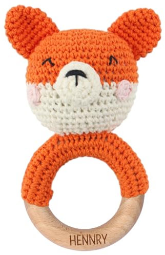NGTSFLY Personalisierte Geschenke Baby - Personalisierter Beißring Baby aus Holz - Greifling Personalisiert Babyrassel mit Name, Geschenk zur Geburt Junge und Mädchen (Fuchs)