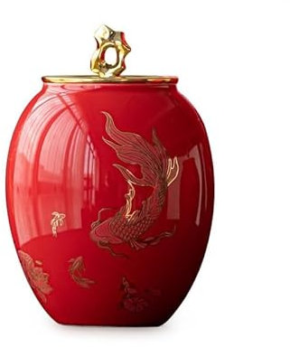 Caja de té Sellada Lata de té de cerámica Grande, Lata roja sellada, Bodega de té, Lata de té con patrón Koi Tarro de té con Tapa