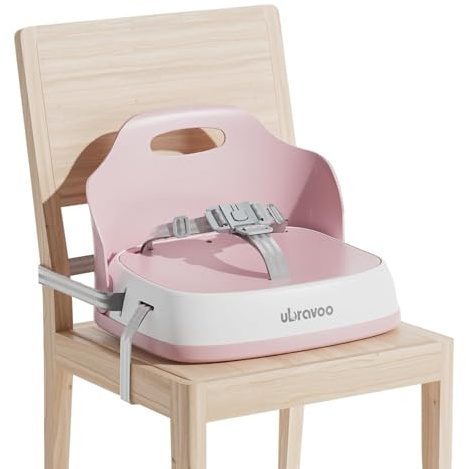 UBRAVOO Tragbarer Sitzerhöhung stuhl kind zum Essen, Reisehochstuhl mit 3-Punkt-Gurt und 2 verstellbaren Gurten, waschbarer Baby-Essstuhl ab 6 Monaten zum Aufsitzen (Pink)
