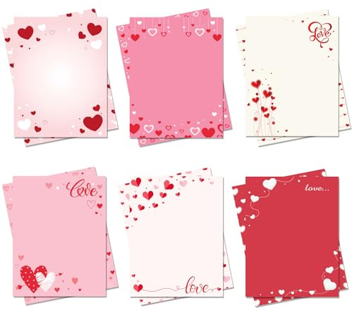 Qpout 60 Sheets Valentine's Day Stationery Paper 8.5 X 11 Inch,6 Style Love Heart Letter Paper, Pink Red Writing Paper for Valentines Day Wedding Anniversary Dating Notes Greeting Invitations
