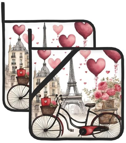 Set di presine isolanti con stampa a forma di cuore e scritta Love Paris Tower per caffè, vino, profumo, bicicletta, set presina, per cucina, adatto per microonde, forno e barbecue all'aperto